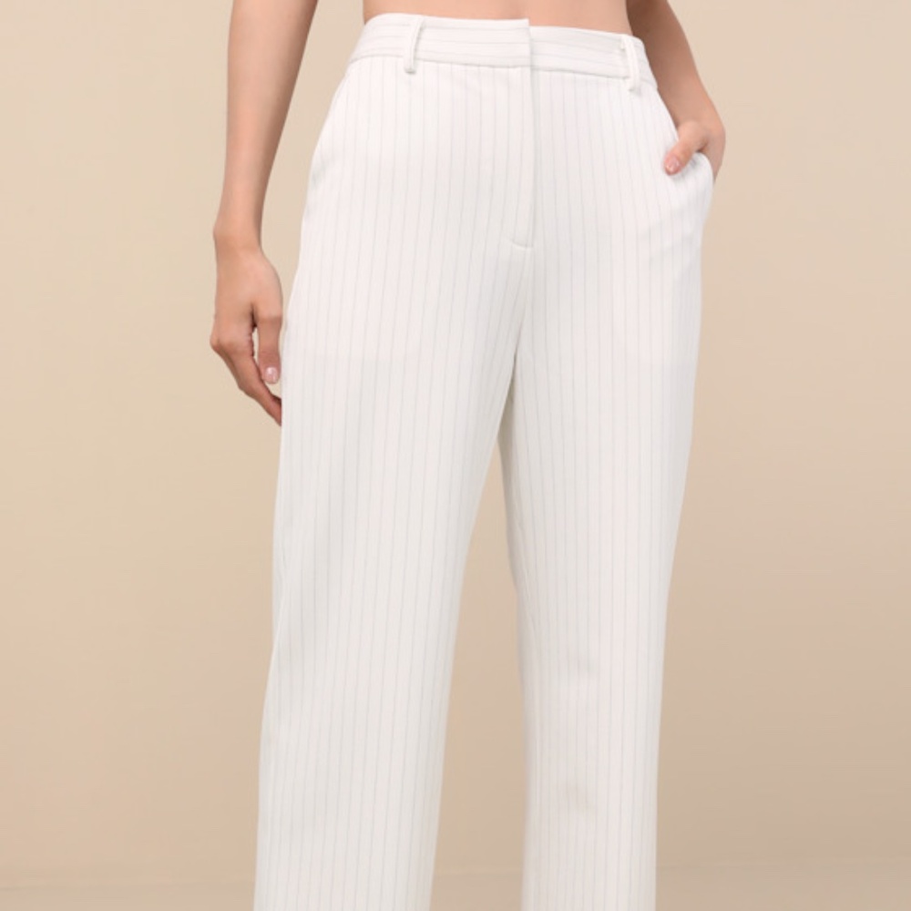 Lulus Matija White Pinstriped High-rise Straight Leg Trouser Pants - Size XS
